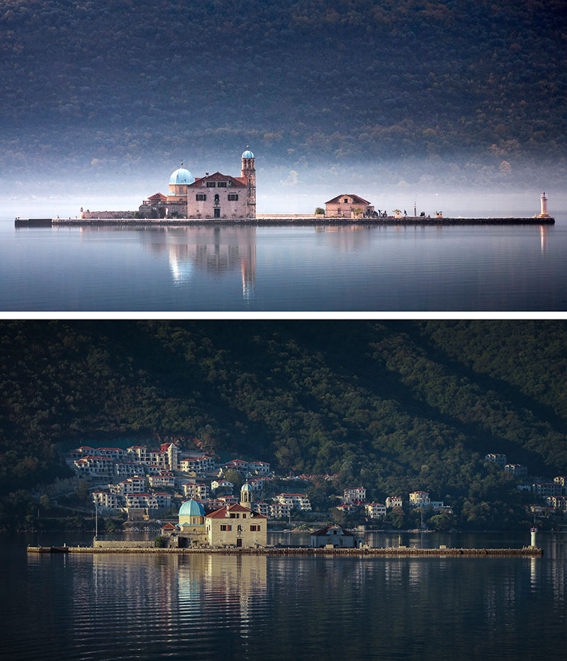 Ostrvo Gospa od Škrpjela, prije i nakon izgradnje novog apartmanskog naselja u Kostanjici (2006. i 2018. godina)